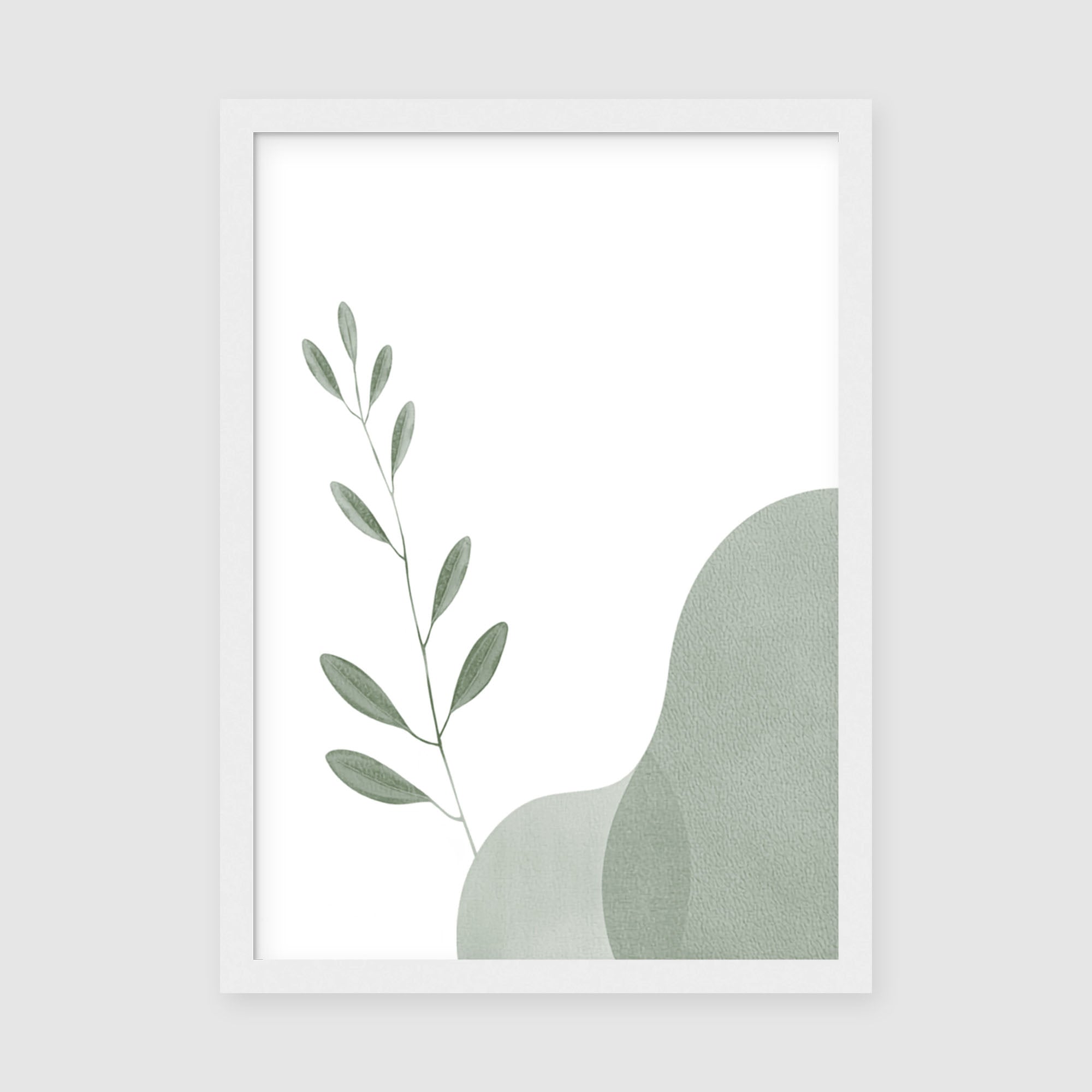 Framed Poster A3 Classic White Frame - Serene boho leaf design in muted green tones with flowing organic shapes and a peaceful composition