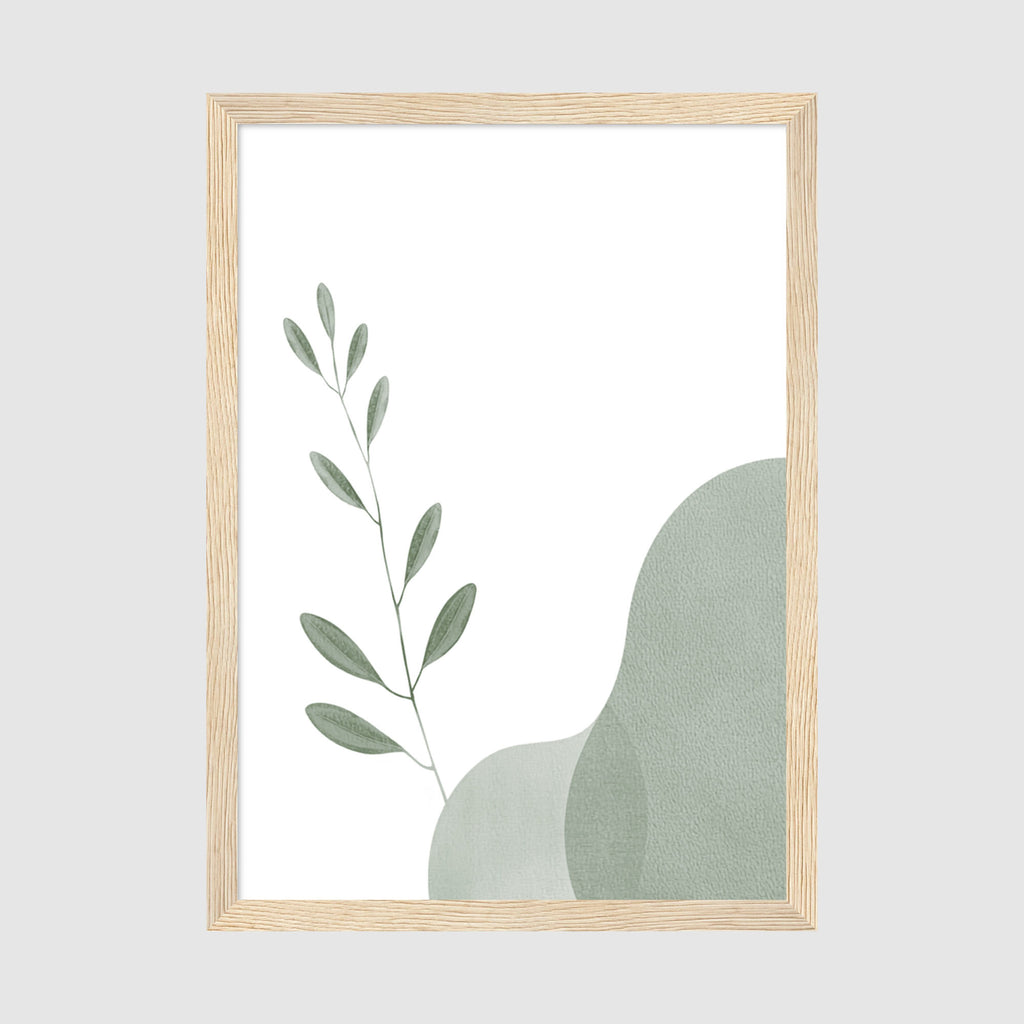 Framed Poster A2 Classic Wood Frame - Soft botanical print featuring elongated sage green leaves arranged vertically with subtle texture details
