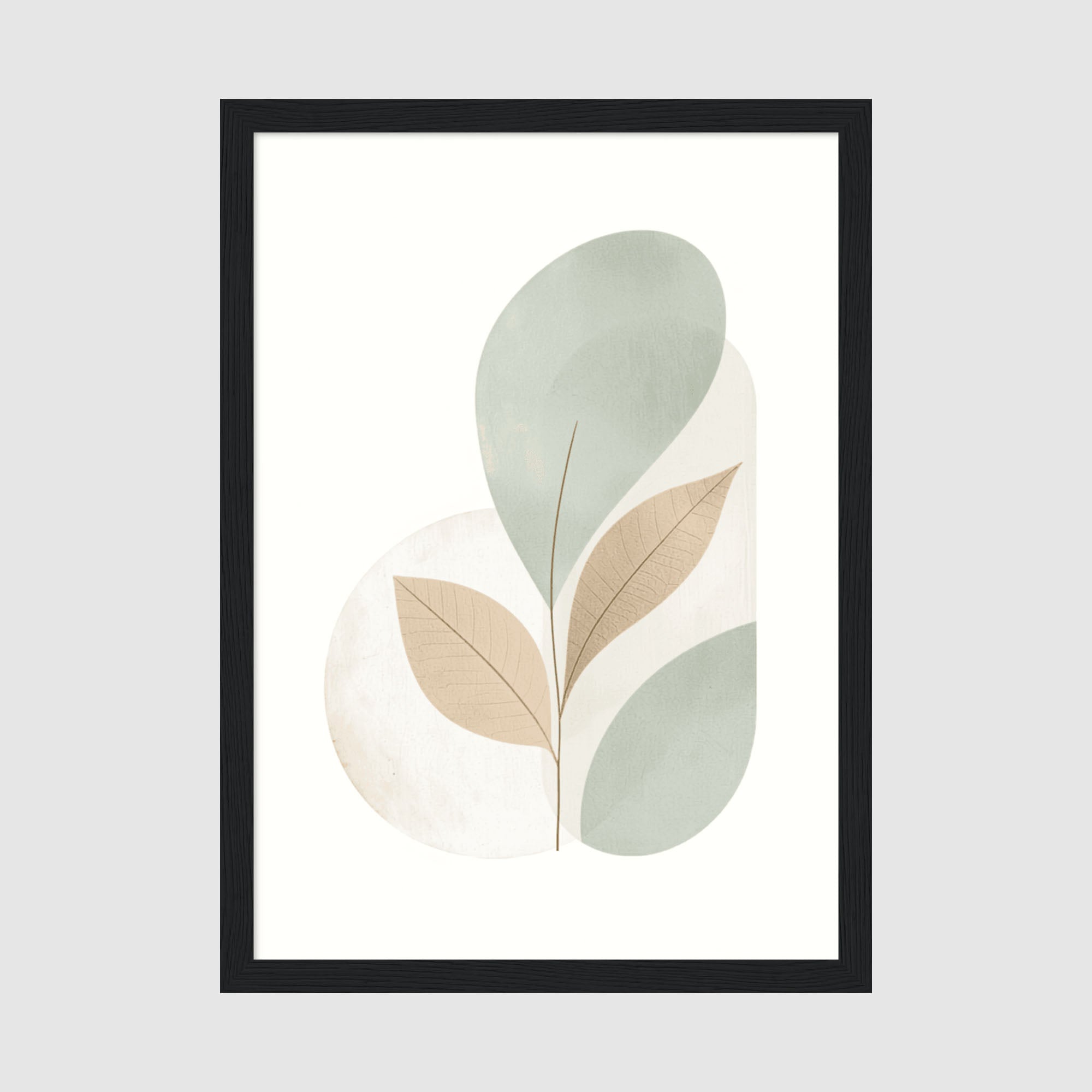 Framed Poster A4 Classic Black Frame - Minimalist botanical artwork featuring sage green and beige leaves with soft circular shapes on cream background
