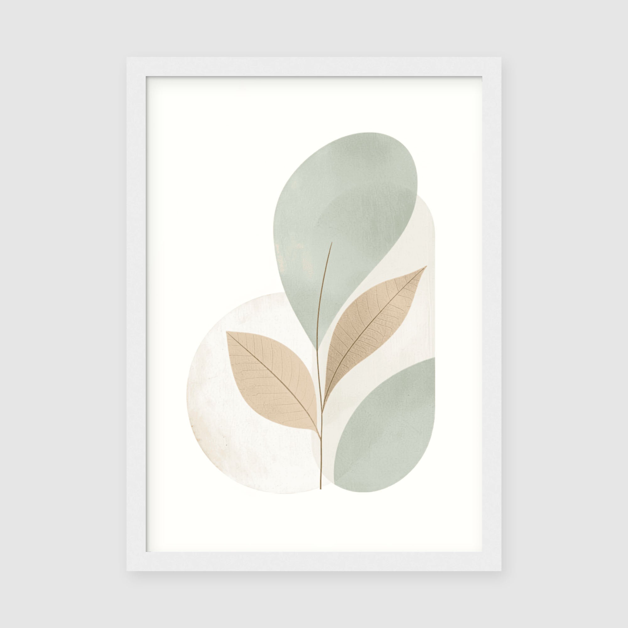 Framed Poster A3 Classic White Frame - Serene leaf design with green and neutral tones creating peaceful boho aesthetic wall art