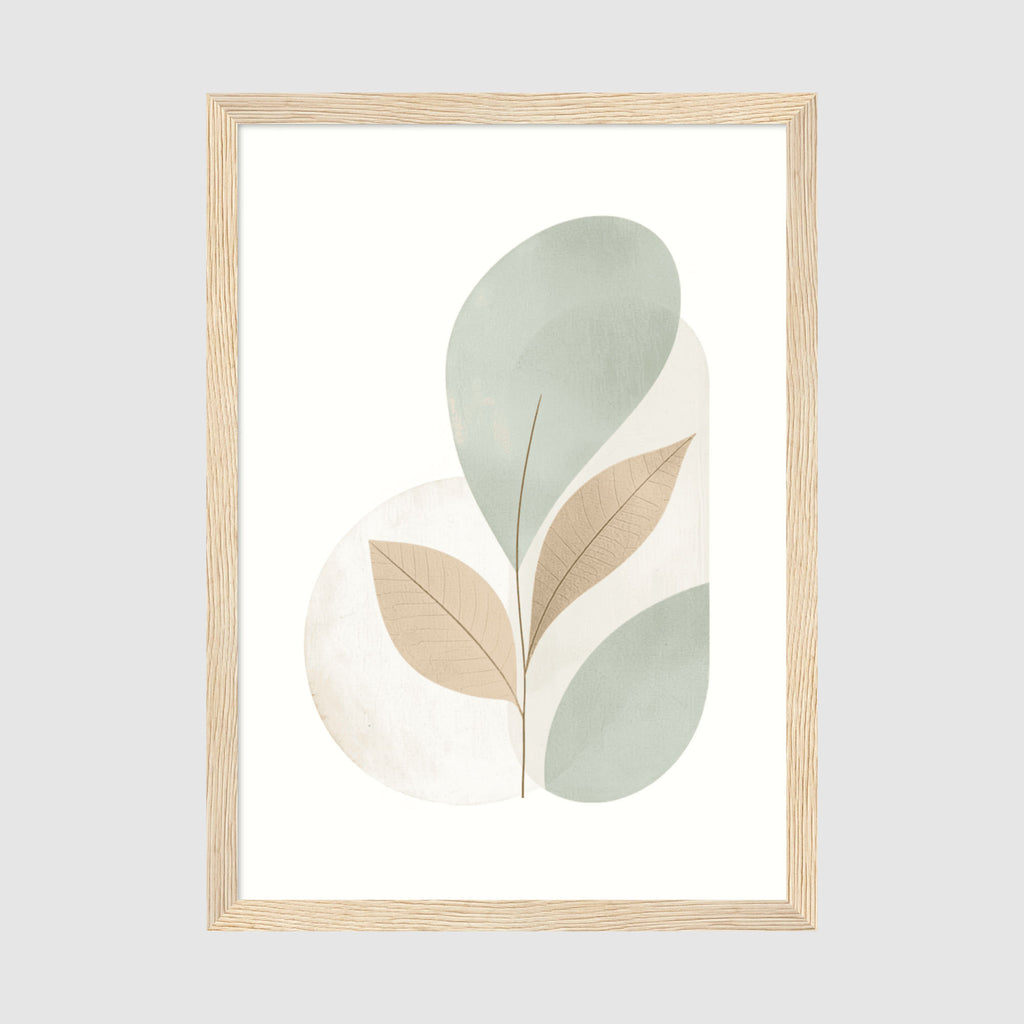 Framed Poster A2 Classic Wood Frame - Delicate botanical print showing green and tan leaves arranged in organic composition