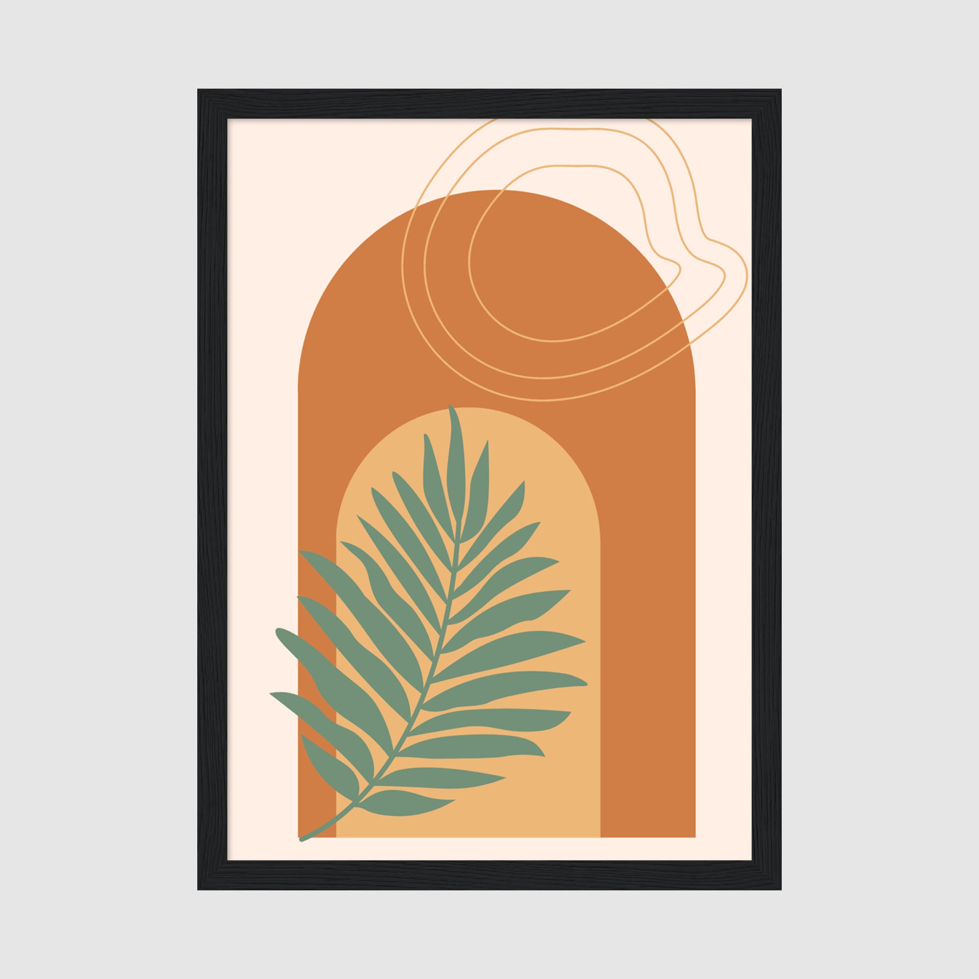 Framed Poster A4 Classic Black Frame - Modern boho terracotta design with sage green palm leaf, cream circle, and warm ochre geometric shapes with line art details