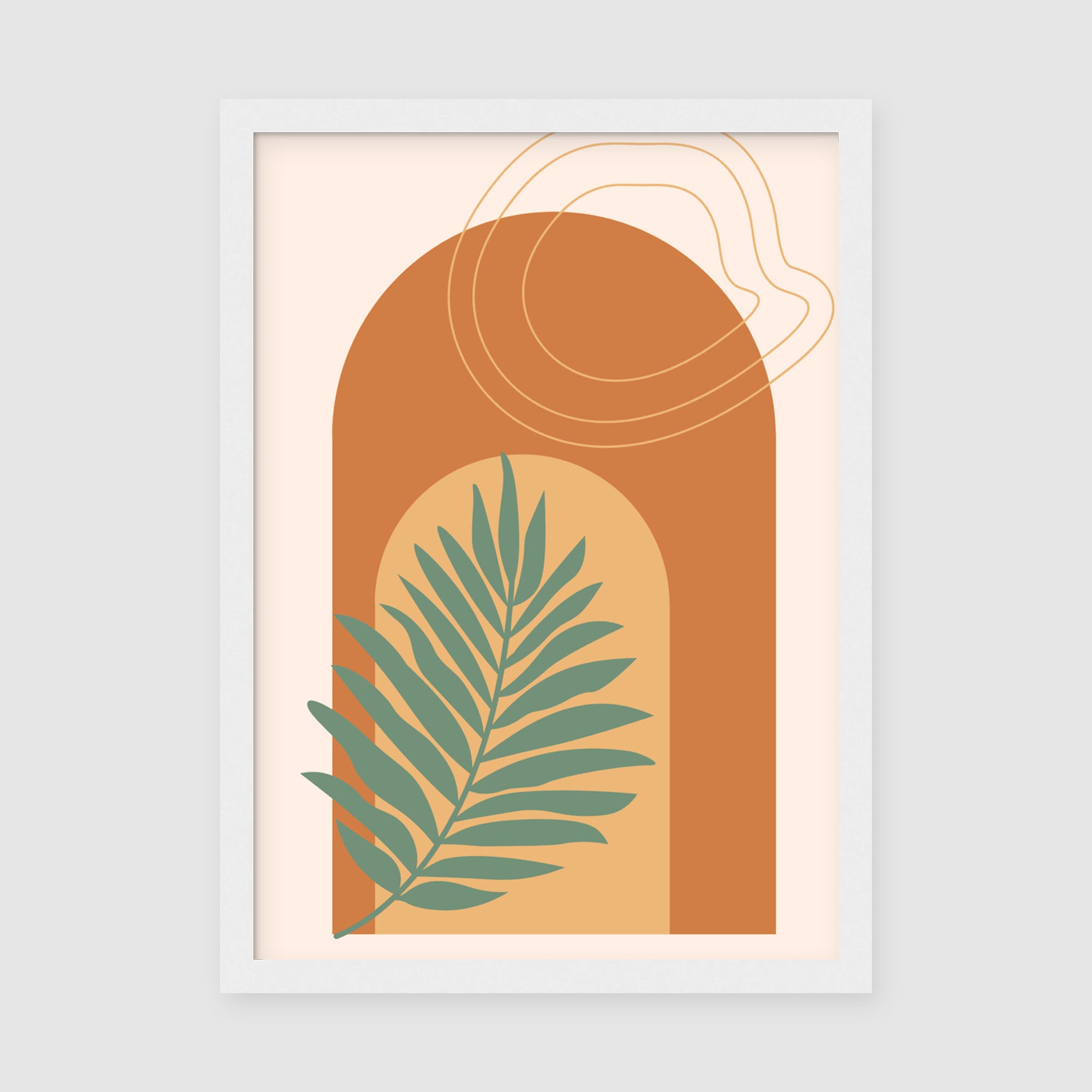 Framed Poster A3 Classic White Frame - Botanical palm leaf artwork in muted green tones centered in cream circle against rich terracotta background with abstract archways