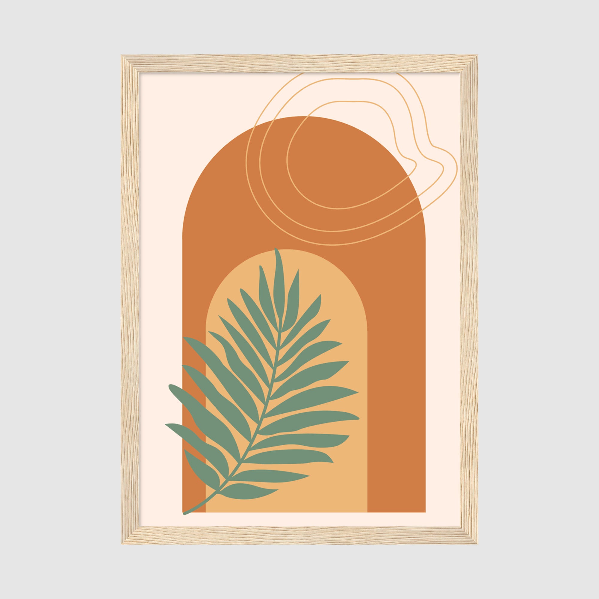 Framed Poster A2 Classic Wood Frame - Contemporary bohemian print featuring geometric palm leaf silhouette in teal and cream, framed by warm terracotta and tan colored arched shapes