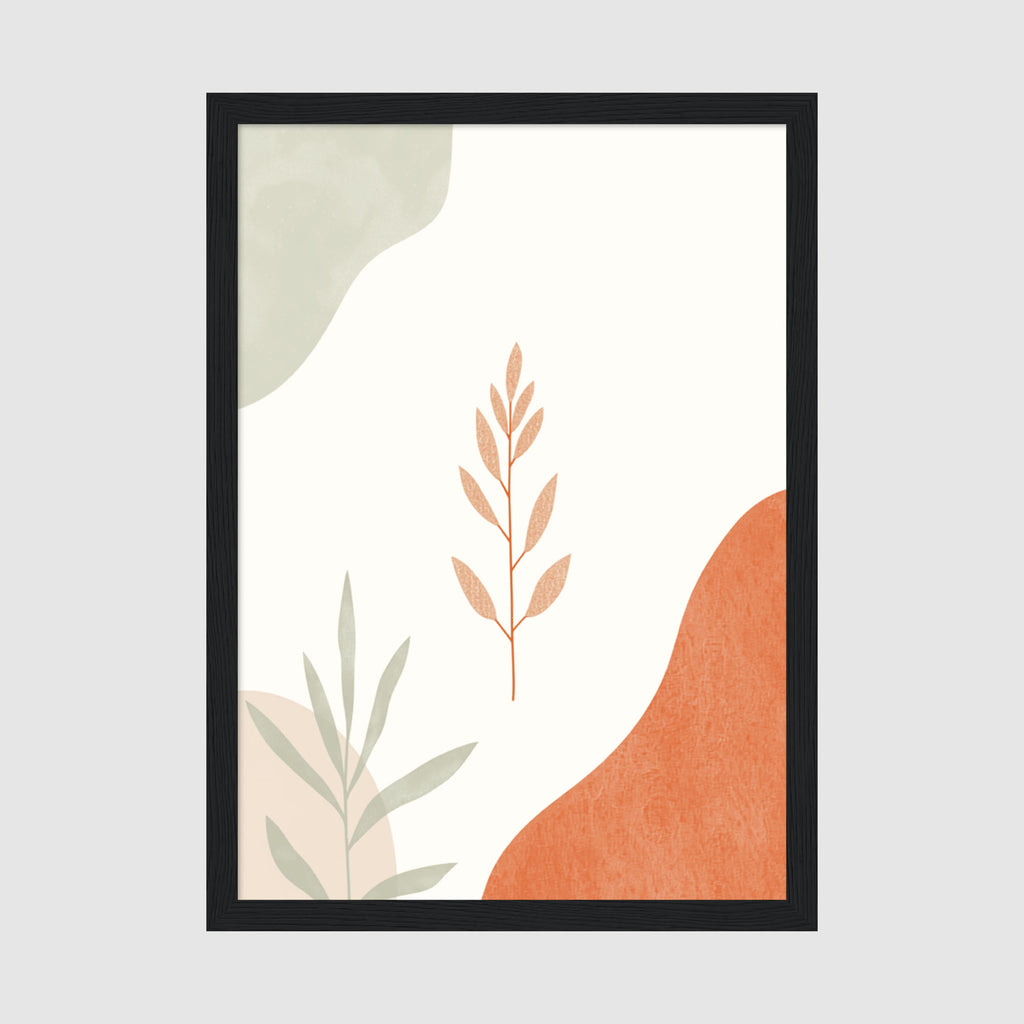 Boho Leaves Framed Print A4 Classic Black - Minimalist botanical artwork with peachy terracotta, sage green, and cream abstract leaf designs on archival matte paper in black frame