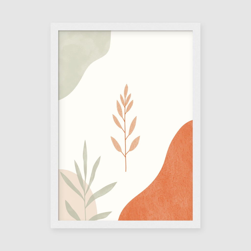 Boho Leaves Framed Print A3 Classic White - Modern boho leaves composition with warm earthy tones and organic plant shapes displayed in elegant white wooden frame