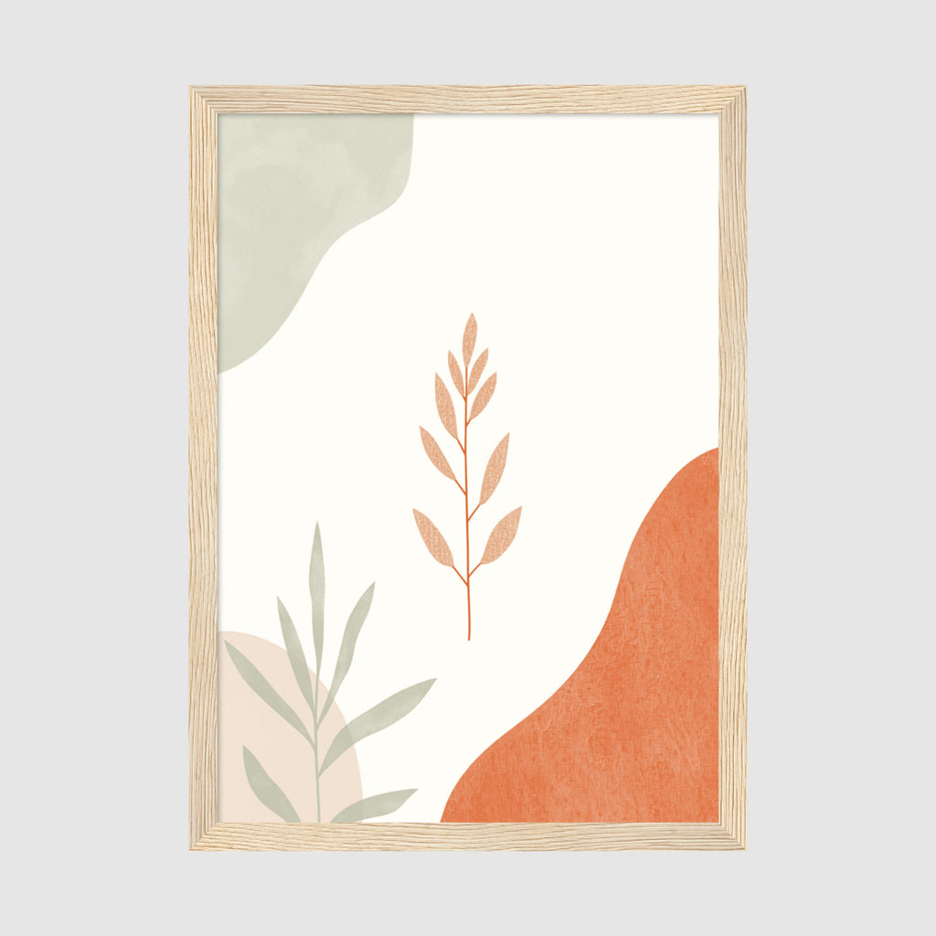 Boho Leaves Framed Print A2 Natural Wood - Large-scale botanical print featuring overlapping leaf motifs in terracotta and soft green against white background in natural wood frame