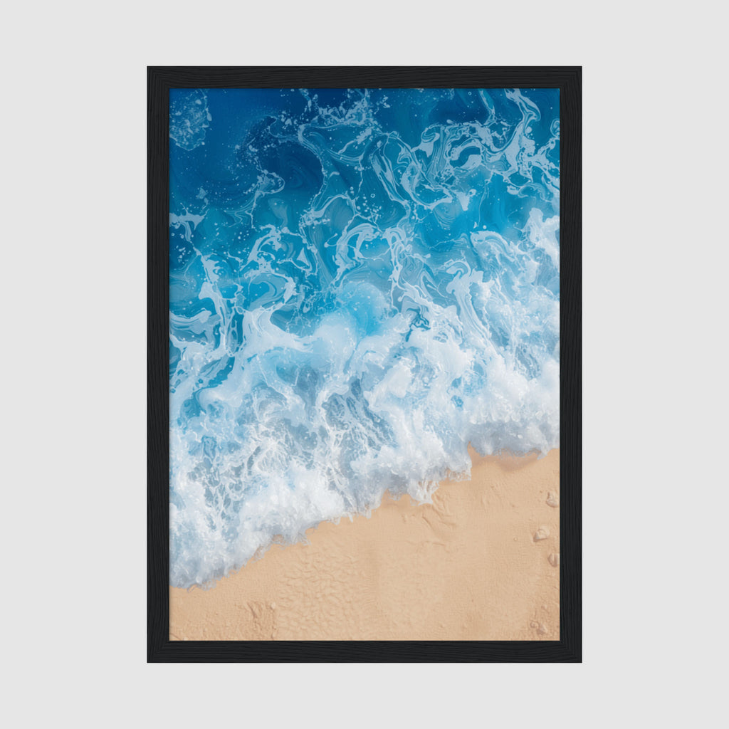 Framed Poster A4 Classic Black Frame - Aerial view of turquoise ocean waves with white foam meeting sandy beach shore