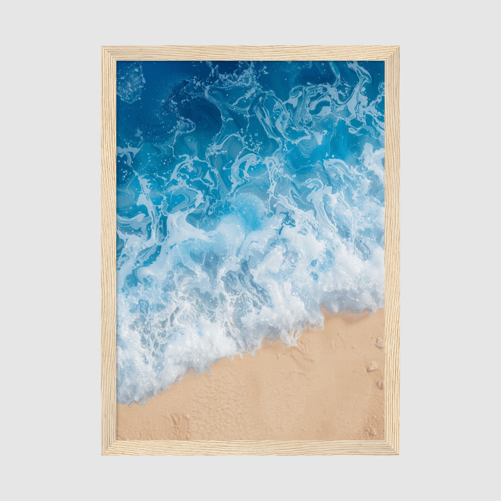 Framed Poster A2 Natural Wood Frame - Serene coastal scene with layered blues transitioning from deep water to light sandy beach