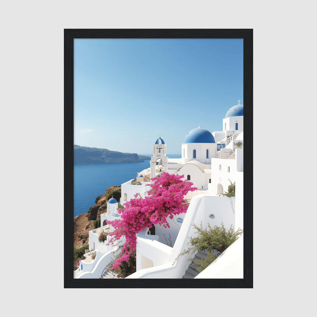 Framed Poster A4 Black Frame - Iconic white Santorini buildings with blue domed roofs overlooking turquoise Mediterranean Sea with vibrant pink bougainvillea flowers in foreground