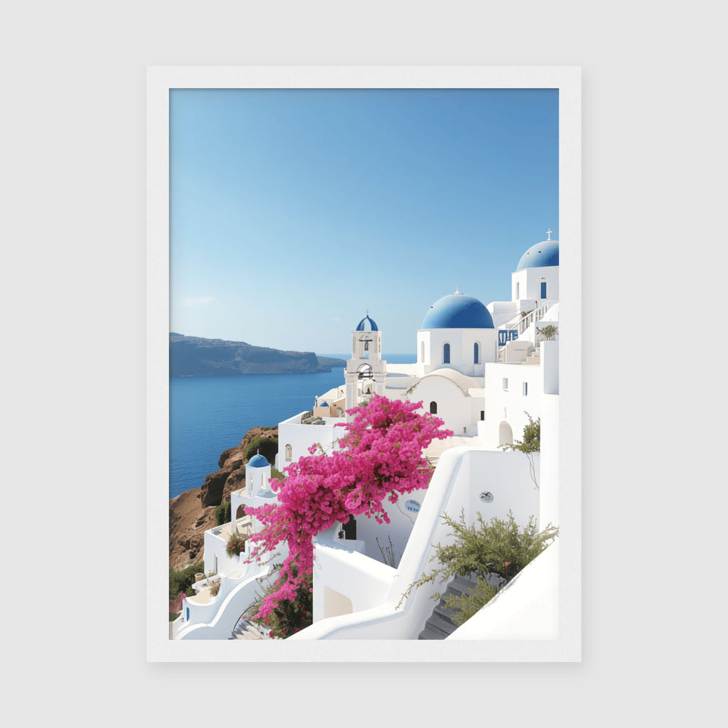 Framed Poster A3 White Frame - Romantic Greek island architecture featuring white-washed cubic structures and blue-domed churches with flowering magenta bougainvillea cascading down whitewashed walls