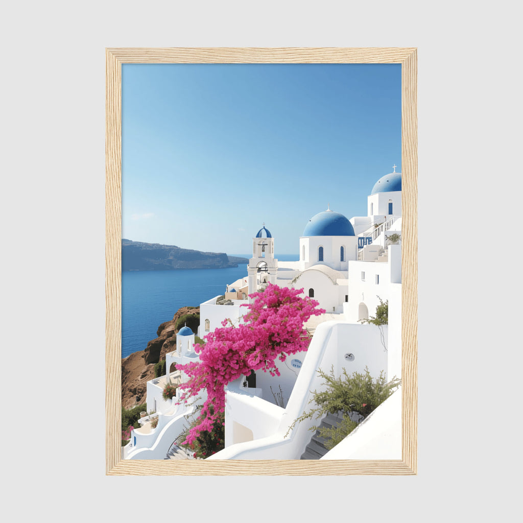 Framed Poster A2 Wood Frame - Expansive Mediterranean coastal scene showing traditional Santorini village with brilliant white buildings, blue domes, and stunning sea views in clear daylight