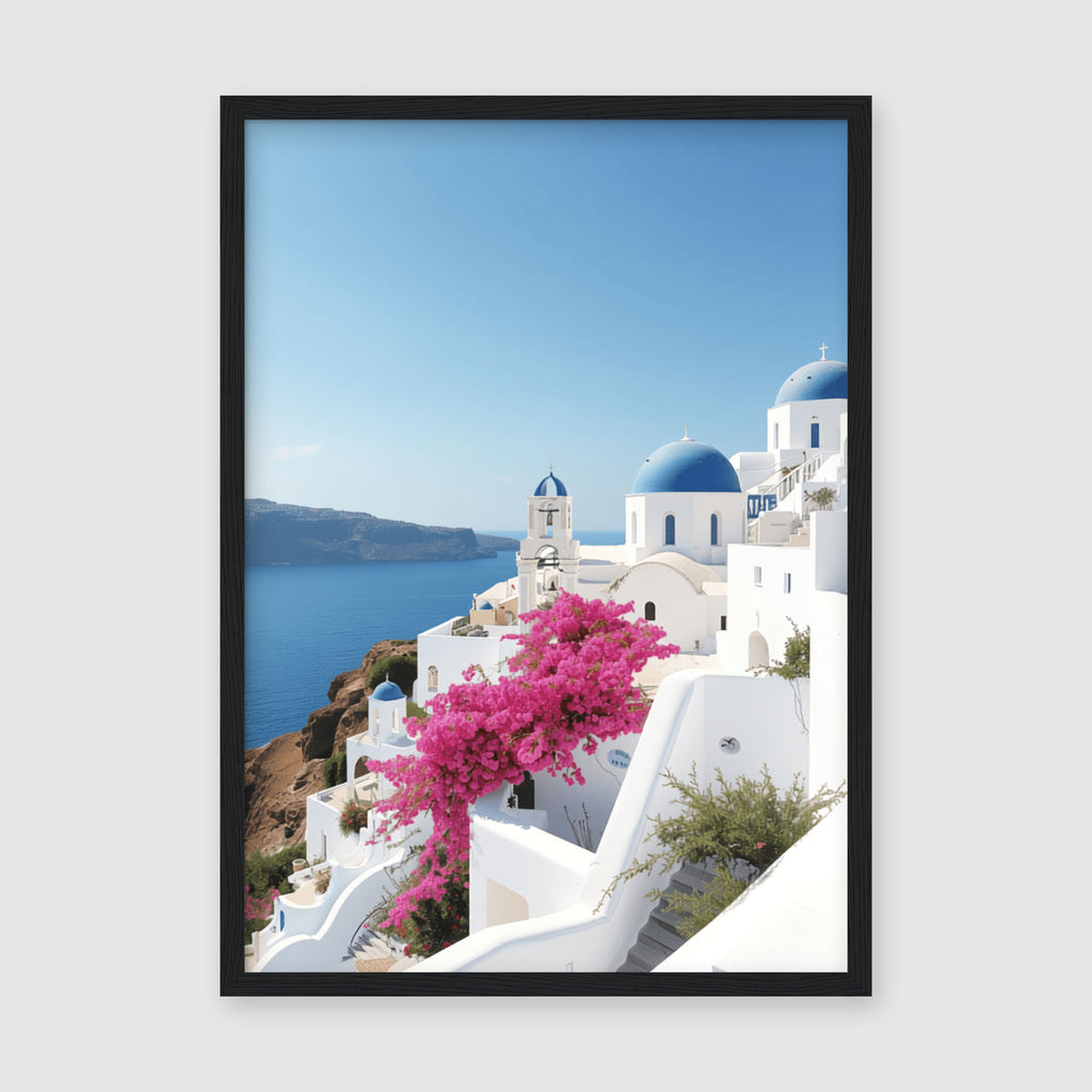 Framed Poster A4 Wood Frame - Detailed view of white-washed Greek buildings with blue dome accents and vibrant hot pink bougainvillea blooms creating Mediterranean charm