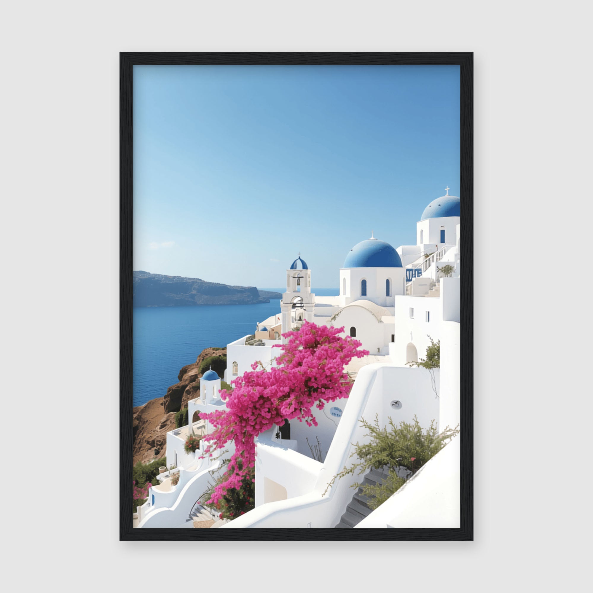 Framed Poster A4 Wood Frame - Detailed view of white-washed Greek buildings with blue dome accents and vibrant hot pink bougainvillea blooms creating Mediterranean charm
