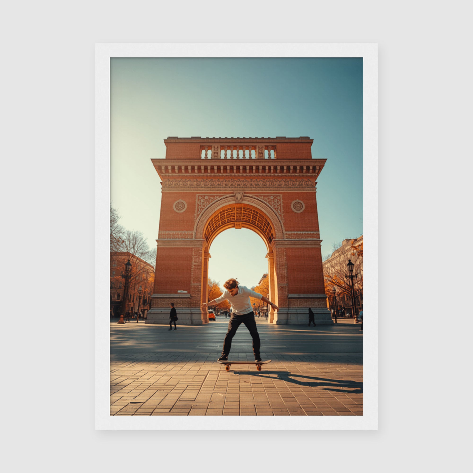 Framed Poster A3 Classic White Frame - Urban skate scene at Barcelona's iconic architectural landmark with warm orange tones and clear blue background