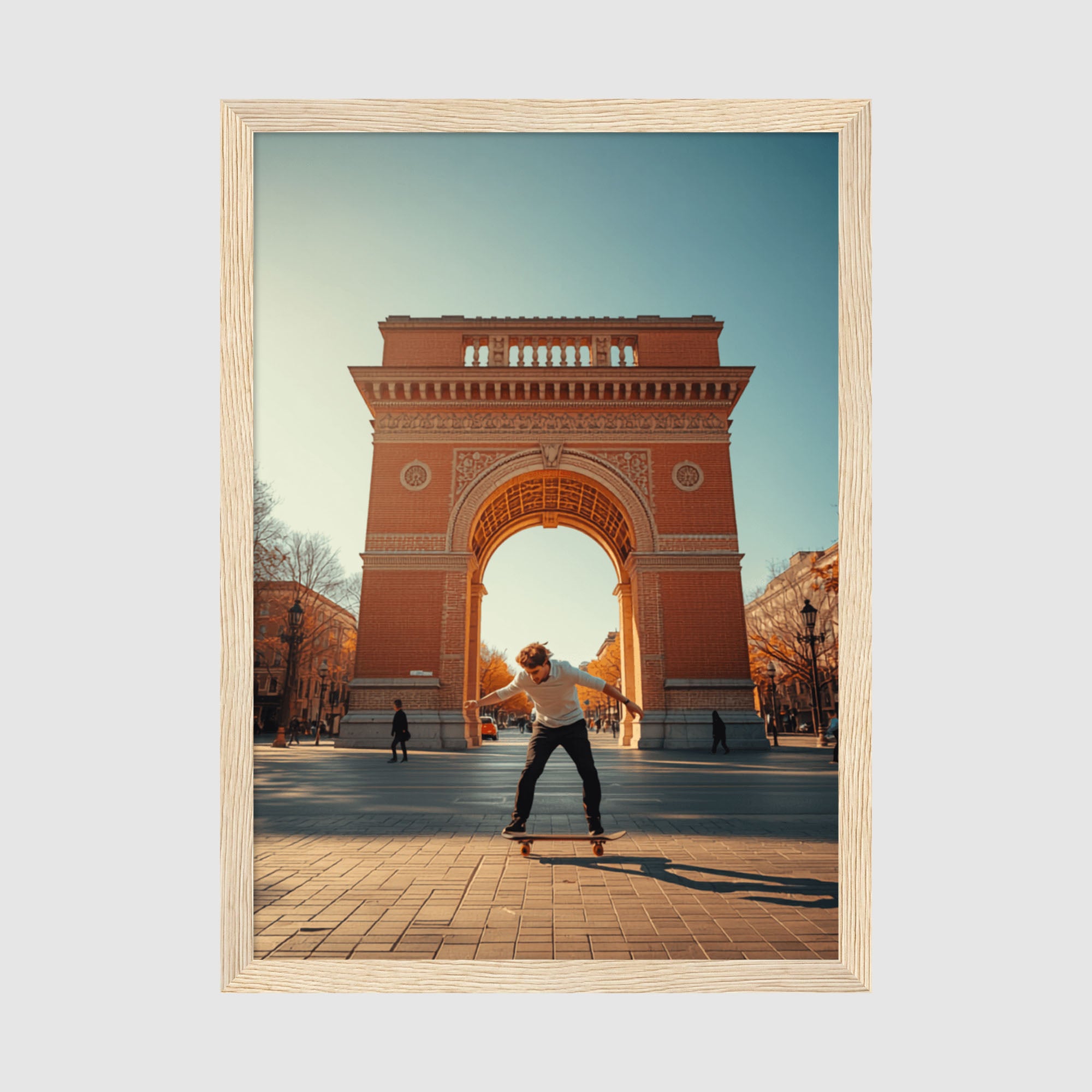 Framed Poster A2 Classic Wood Frame - Dynamic skateboarding action shot framed by ornate red brick archway under bright natural sunlight