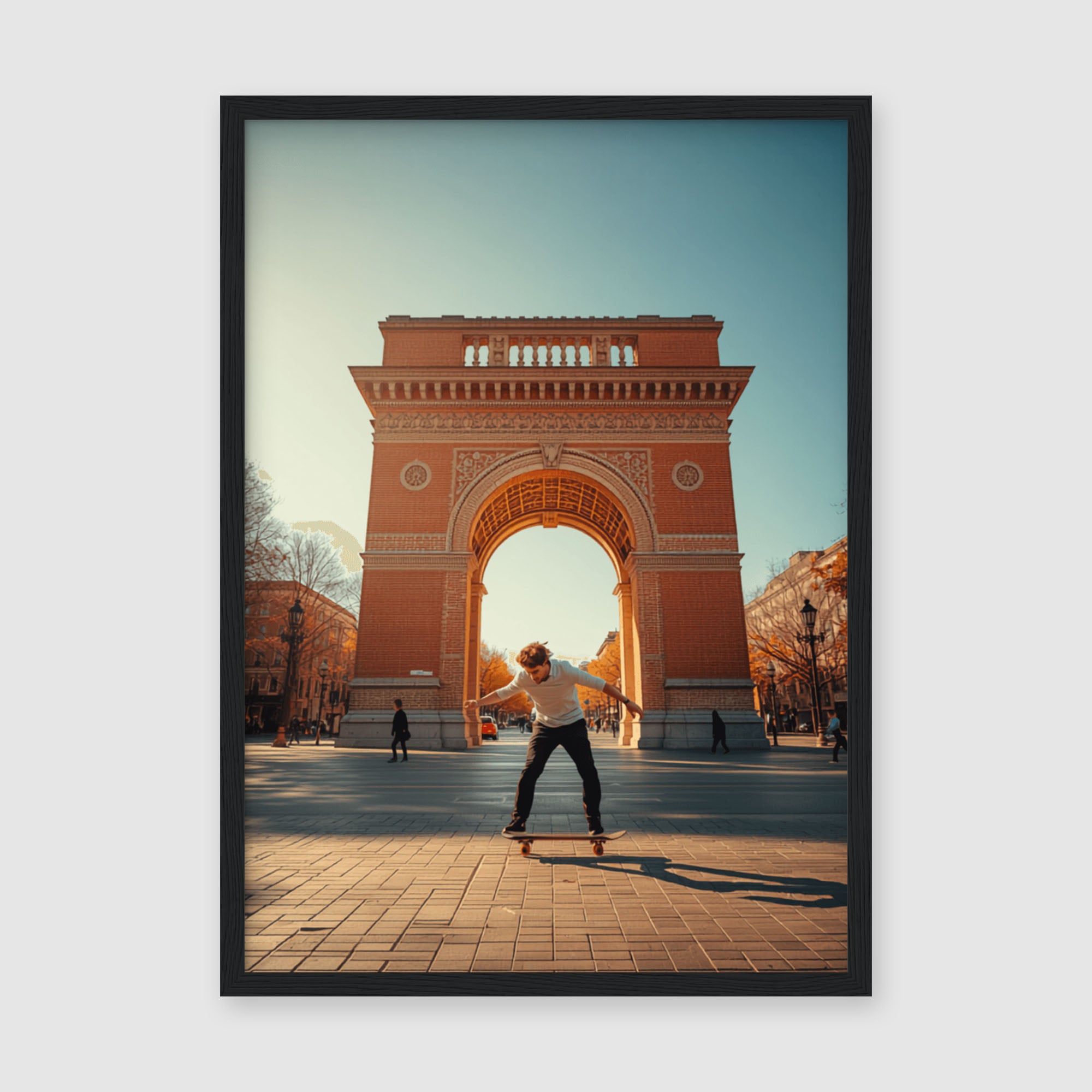Framed Poster A4 Classic Wood Frame - Skater mid-trick beneath historic Arc de Triomf monument with sunlit plaza and architectural details