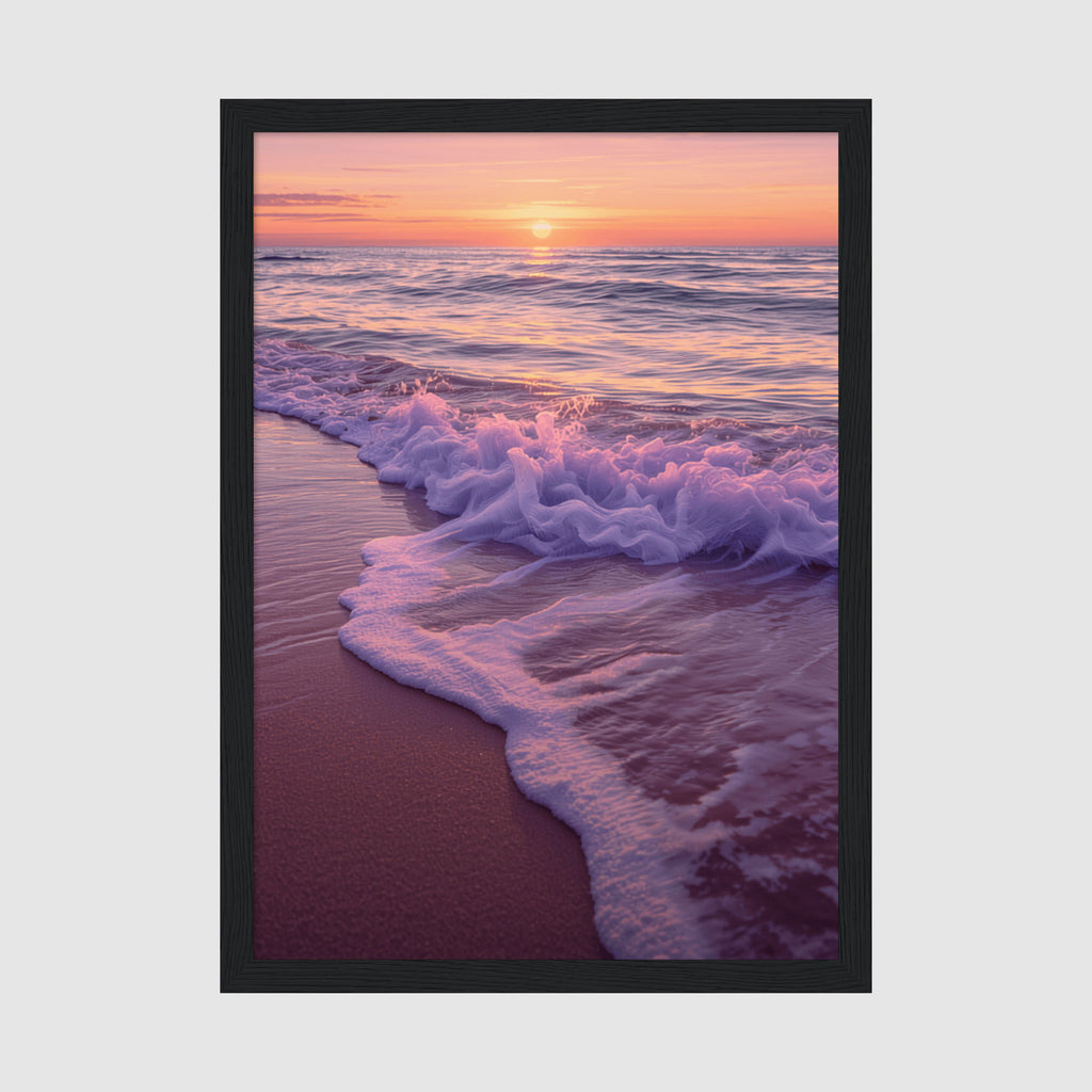 Framed Poster A4 Classic Black Frame - Serene sunset beach scene with golden sun reflecting on calm ocean waters and white foaming waves on sandy shore