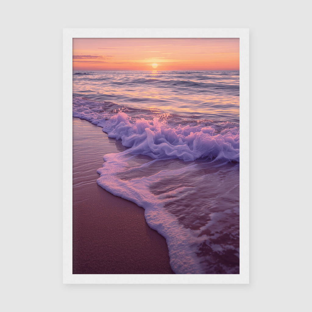 Framed Poster A3 Classic White Frame - Golden hour coastal landscape featuring soft pink and orange sky above tranquil turquoise ocean with textured wave patterns