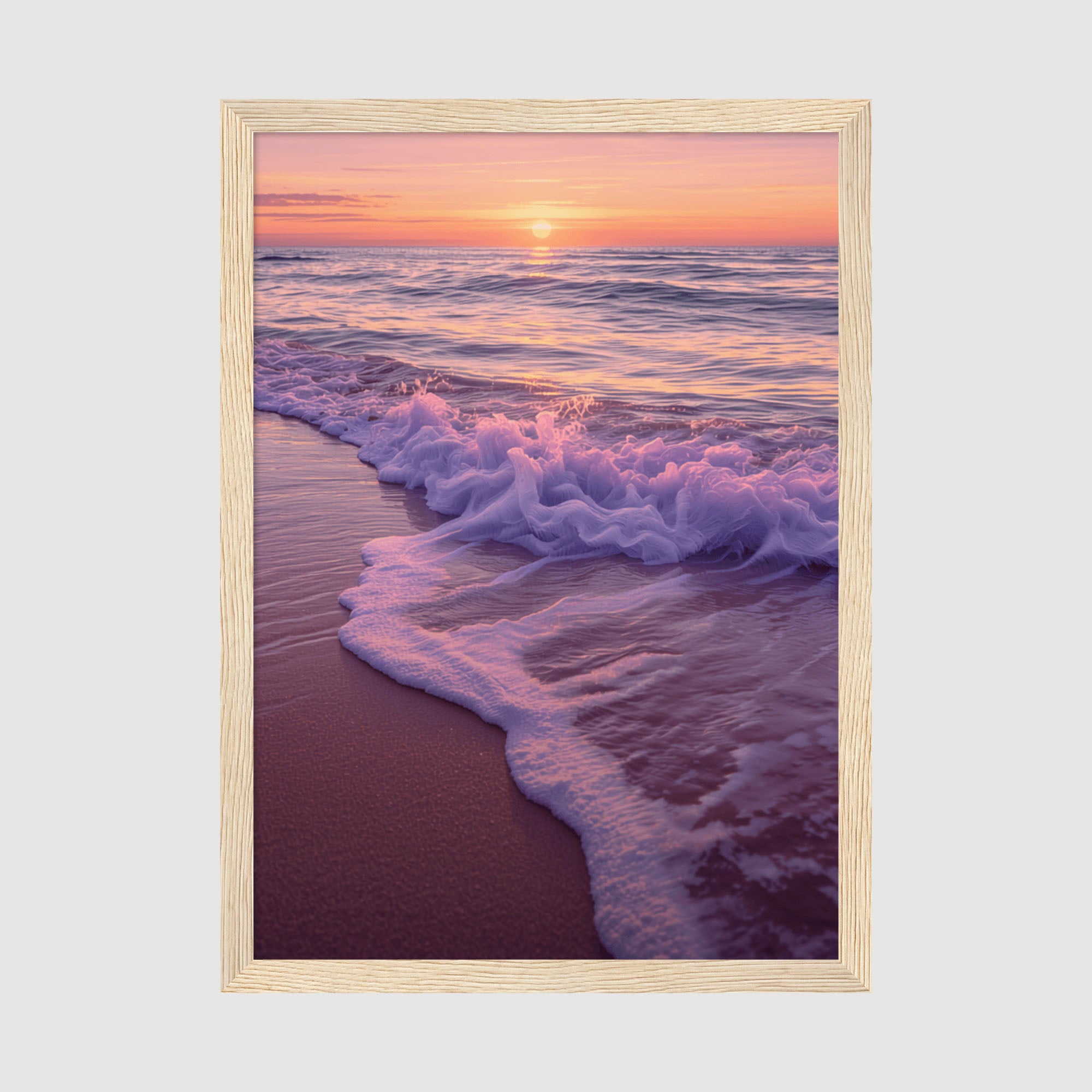 Framed Poster A2 Classic Wood Frame - Expansive beach sunset artwork showing layered waves in shades of lavender and cream beneath warm peachy-golden sky