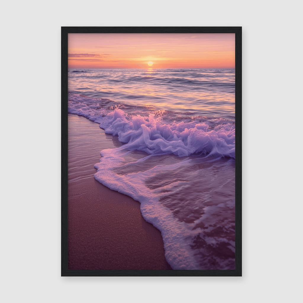 Framed Poster A4 Classic Wood Frame - Peaceful oceanscape with delicate white wave foam in foreground and glowing sun setting over distant horizon in pink tones