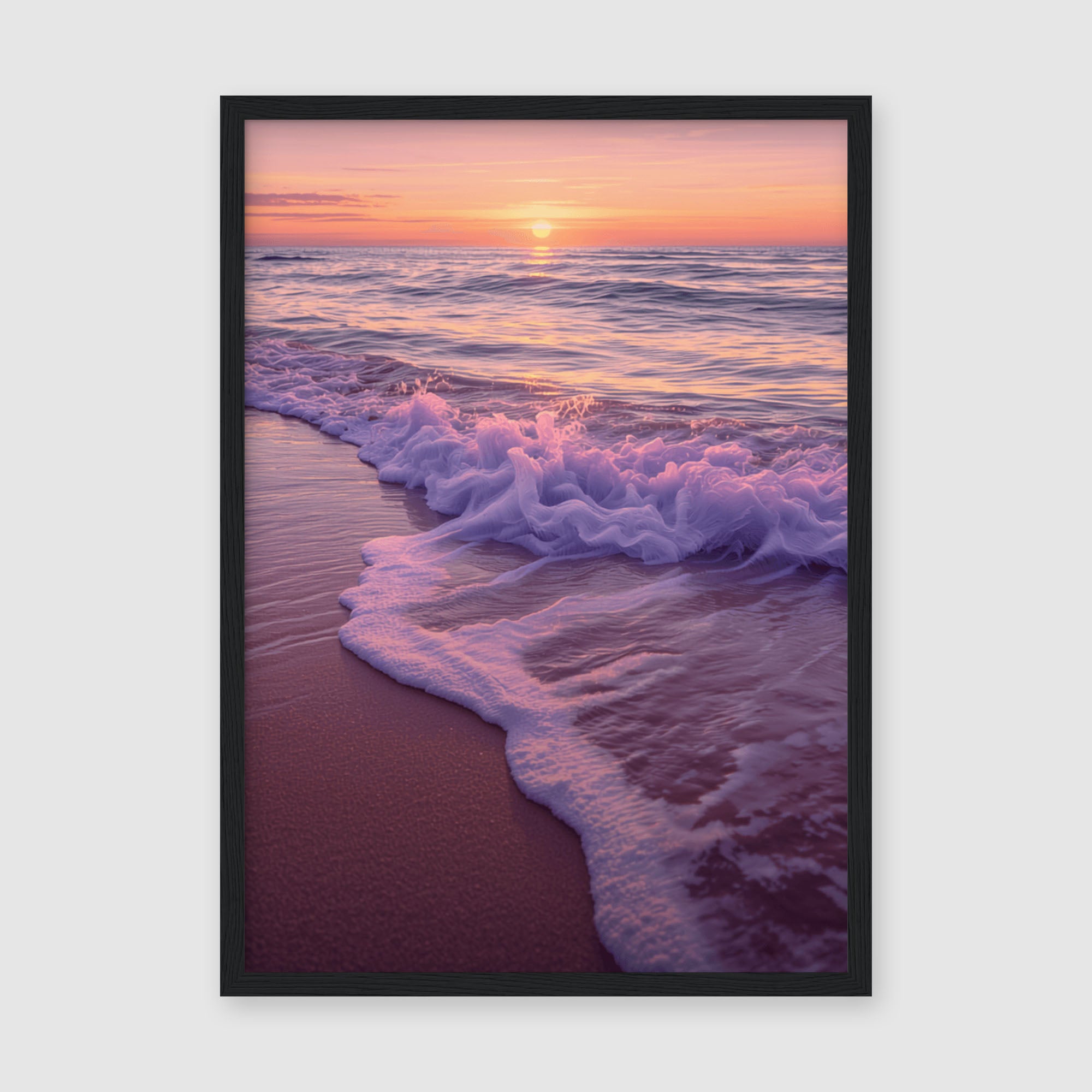 Framed Poster A4 Classic Wood Frame - Peaceful oceanscape with delicate white wave foam in foreground and glowing sun setting over distant horizon in pink tones