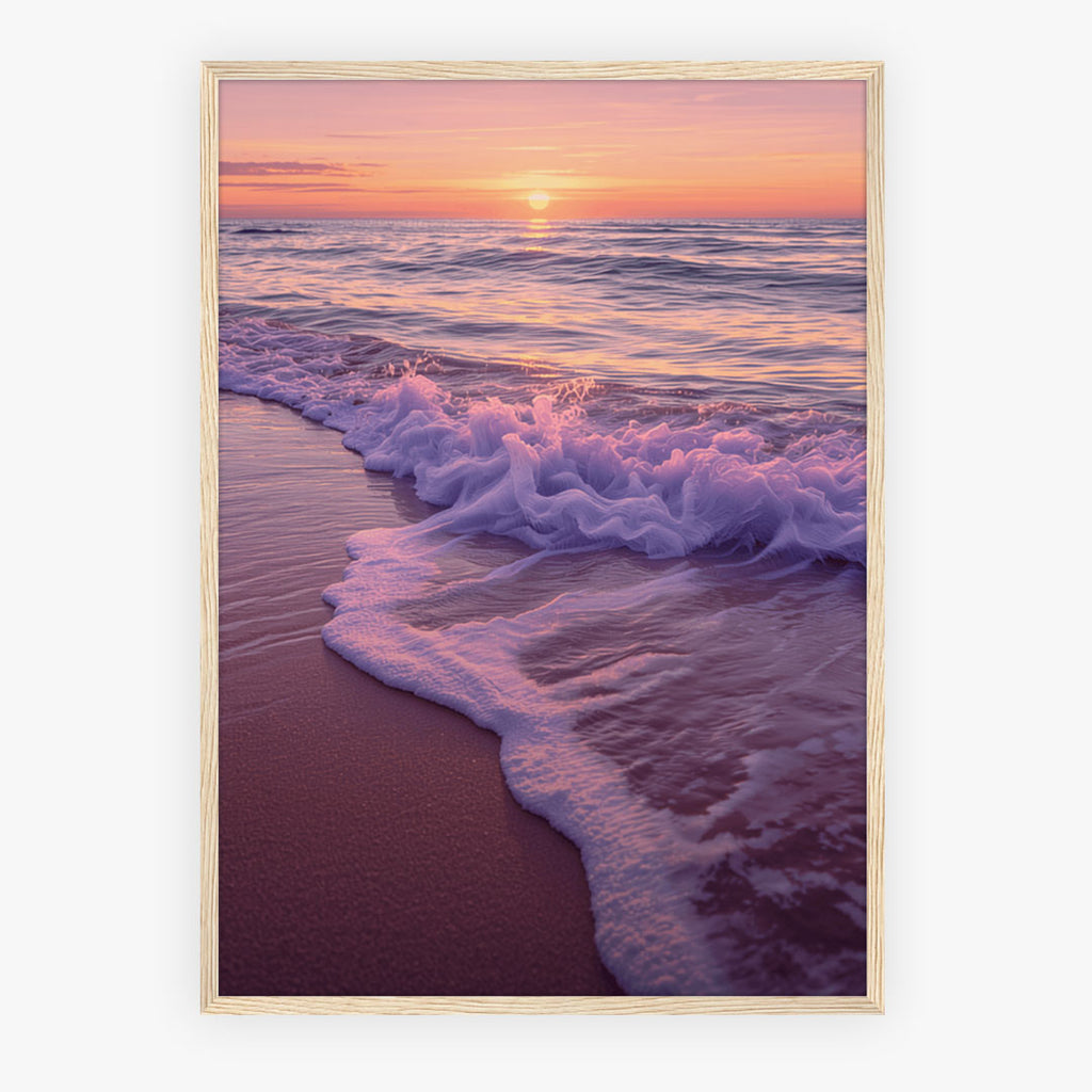 Framed Poster A2 Classic White Frame - Calming seascape with soft gradient sky transitioning from pink to gold, gentle rolling waves catching warm light
