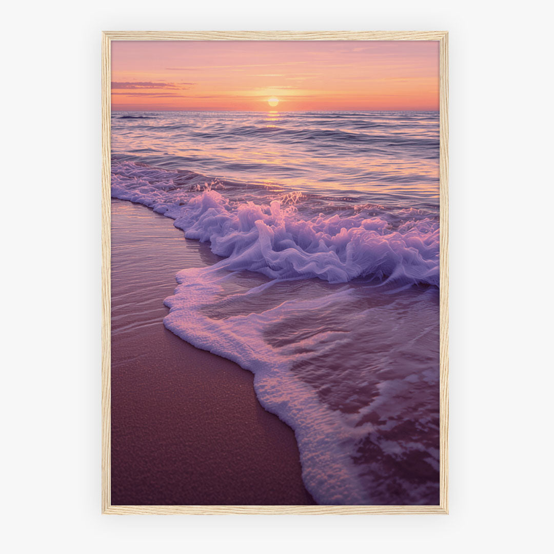 Framed Poster A2 Classic White Frame - Calming seascape with soft gradient sky transitioning from pink to gold, gentle rolling waves catching warm light