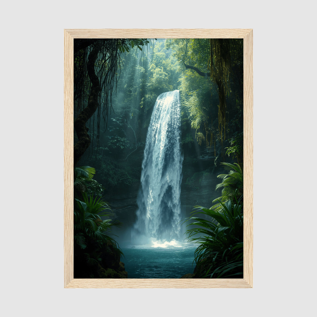 Framed Poster A2 Classic White - Large tropical waterfall scene with white mist spray, deep teal pool, and sunlit jungle vegetation framing the composition
