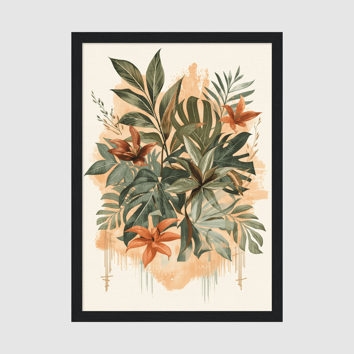 Framed Poster A4 - Boho botanical artwork with green foliage, burnt orange flowers, and soft peachy watercolor washes on cream background