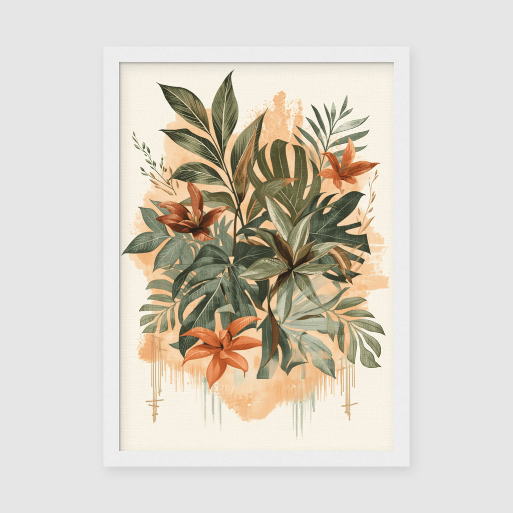 Framed Poster A3 - Lush green tropical leaves with terracotta red flowers and artistic line details in bohemian illustration style