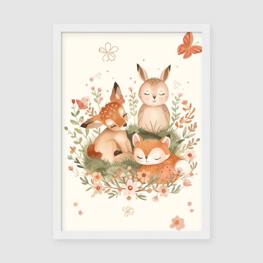 Framed Poster A4 White Frame - Sweet forest creatures nestled together in a flower garden with butterflies and delicate floral arrangement