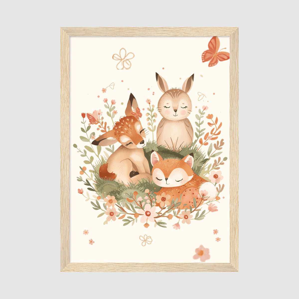 Framed Poster A4 Wood Frame - Illustration of three woodland animals with closed eyes in a peaceful woodland scene with warm autumn colors