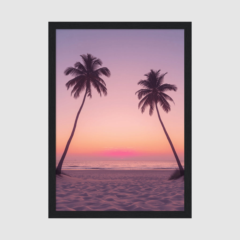 Framed Poster A4 Classic Black Frame - Silhouetted palm trees against a gradient sunset sky transitioning from purple to pink to golden orange over a calm ocean