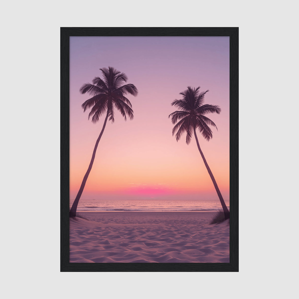 Framed Poster A4 Classic Black Frame - Silhouetted palm trees against a gradient sunset sky transitioning from purple to pink to golden orange over a calm ocean