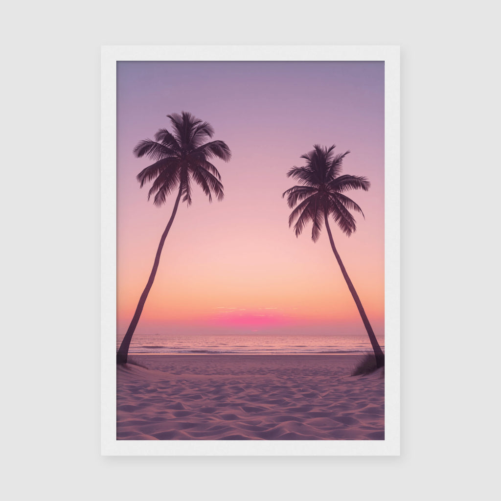 Framed Poster A3 Classic White Frame - Tropical beach sunset with two palm trees in silhouette framing a serene seascape with warm peachy pink sky