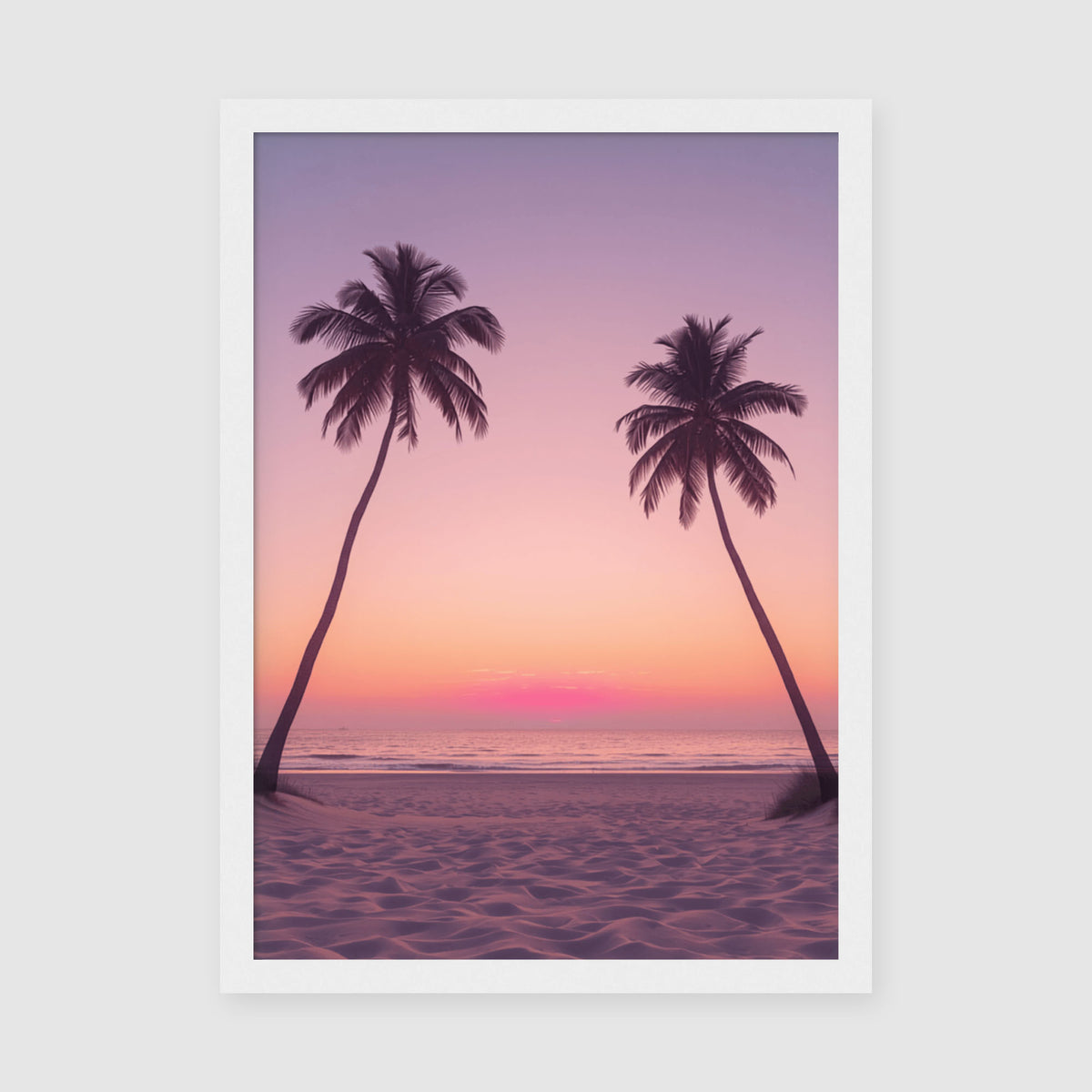 Framed Poster A3 Classic White Frame - Tropical beach sunset with two palm trees in silhouette framing a serene seascape with warm peachy pink sky