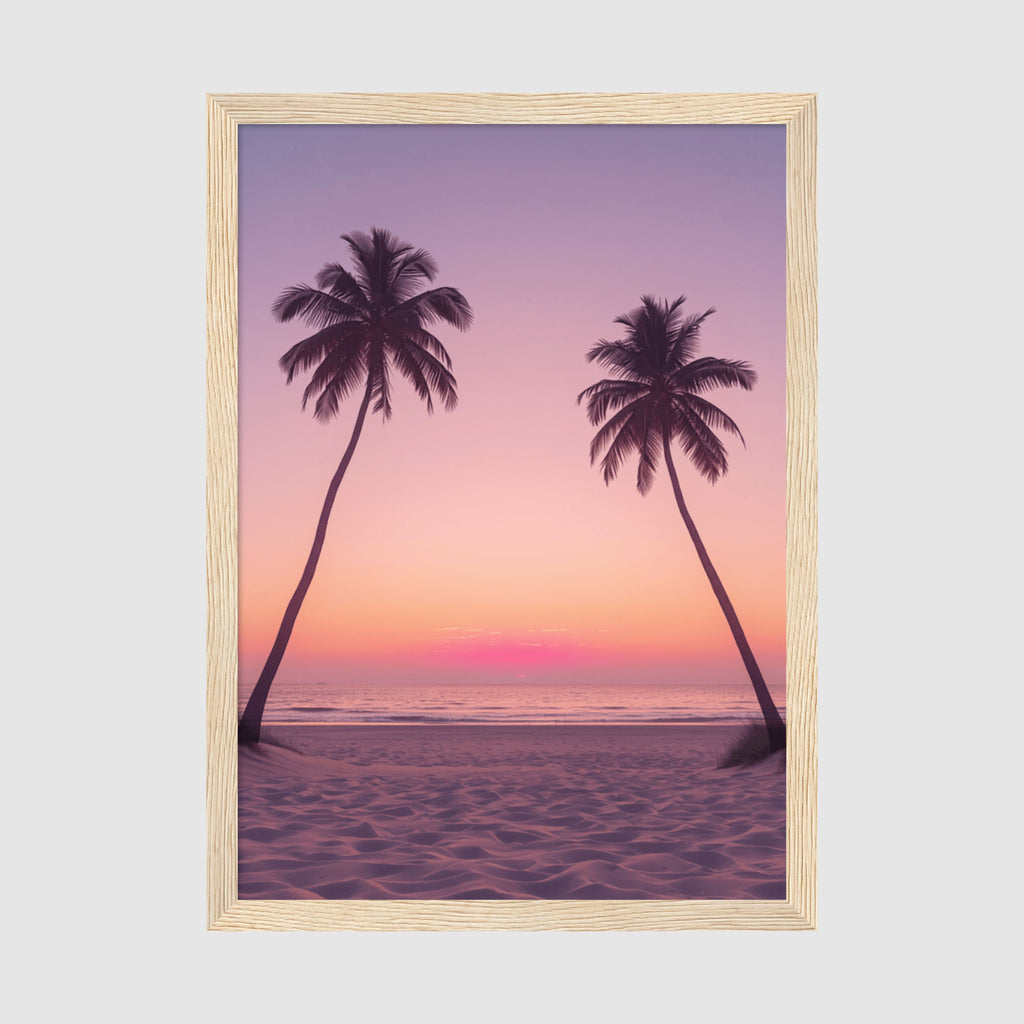 Framed Poster A2 Classic Wood Frame - Stunning twilight scene of palm tree silhouettes on sandy beach with vibrant purple and coral gradient sunset
