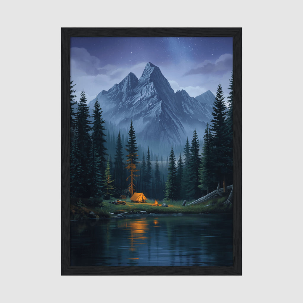 Framed Poster A4 Black Frame - Starry night mountain landscape with glowing orange tent campfire by lake