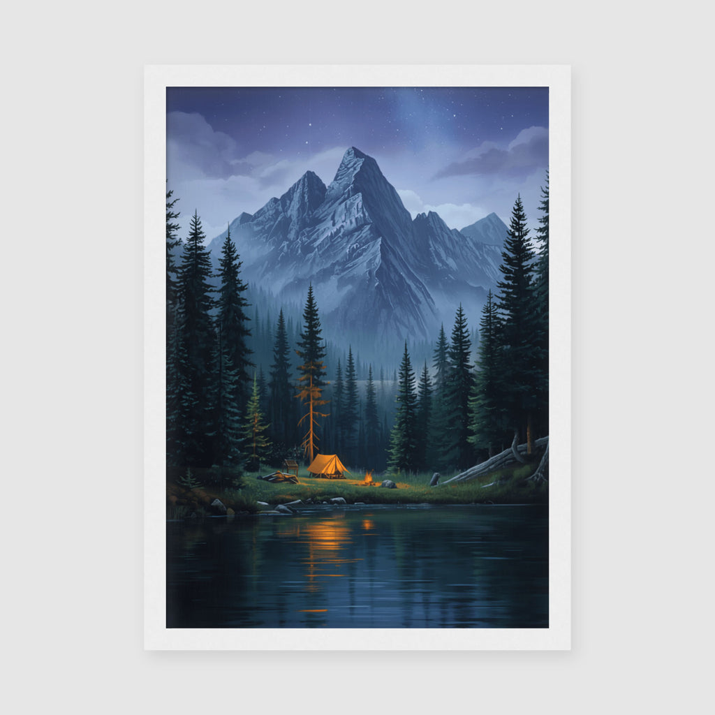 Framed Poster A4 White Frame - Snowy peaks and evergreen forest with illuminated campfire camp scene