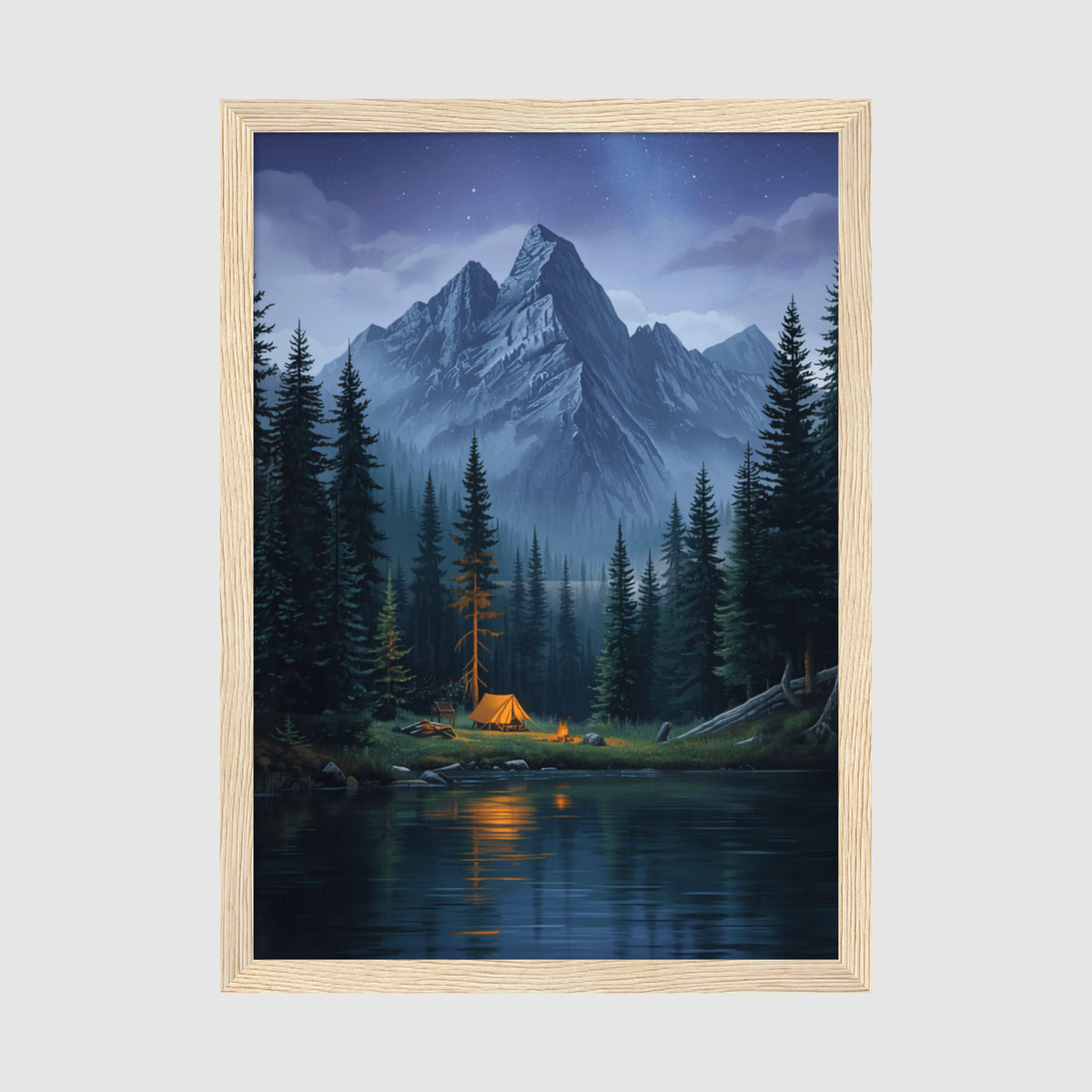 Framed Poster A4 Wood Frame - Dramatic alpine mountain with starlit sky and warm firelit camping scene