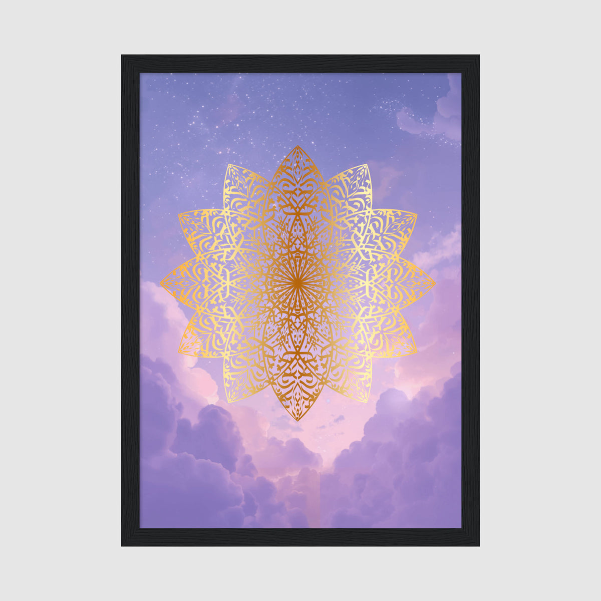Framed Poster A4 Classic Black Frame - Golden ornate mandala with intricate petal patterns radiating from center against purple starry sky