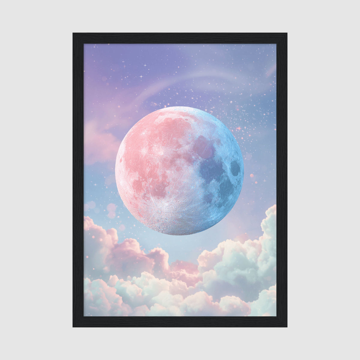 Framed Poster A4 Classic Black Frame - Ethereal pink and blue half-moon with twinkling stars against a gradient purple sky, surrounded by soft white clouds
