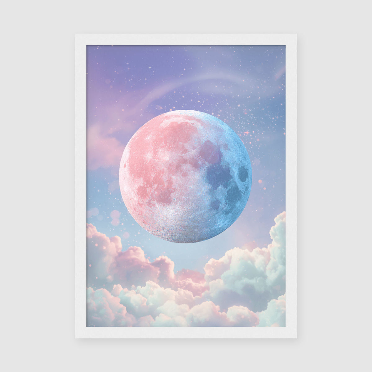 Framed Poster A3 Classic White Frame - Luminous cosmic moon displaying pink on one side and blue on the other, floating above billowing clouds with scattered starlight