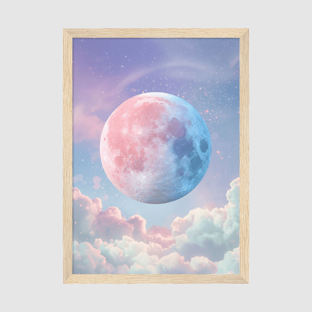 Framed Poster A2 Classic Wood Frame - Large statement celestial artwork showing a glowing moon with detailed crater texture in pink and blue tones amid starry atmosphere
