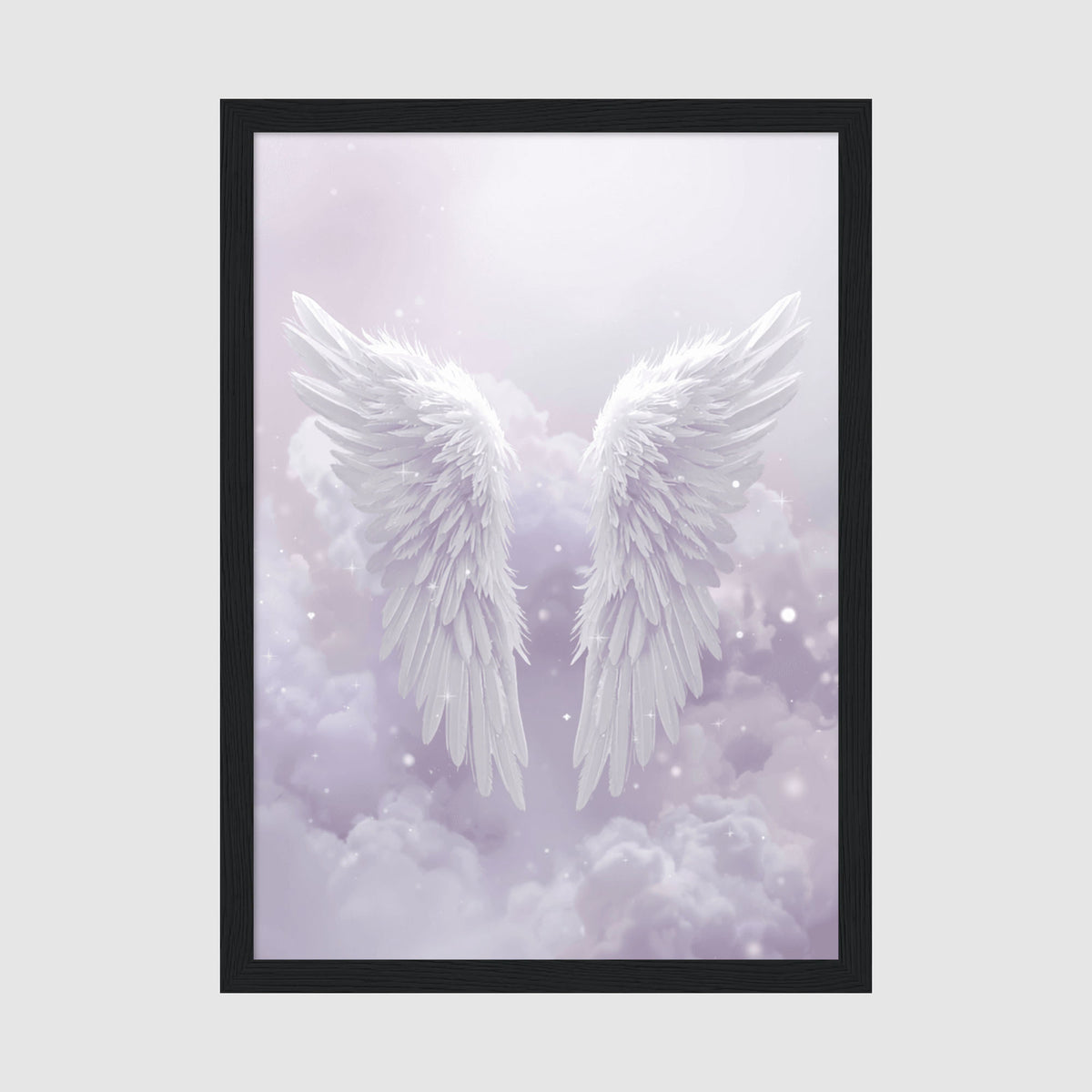 Framed Poster A4 Classic Black Frame - Delicate white and lavender angel wings against dreamy purple clouds with sparkling light