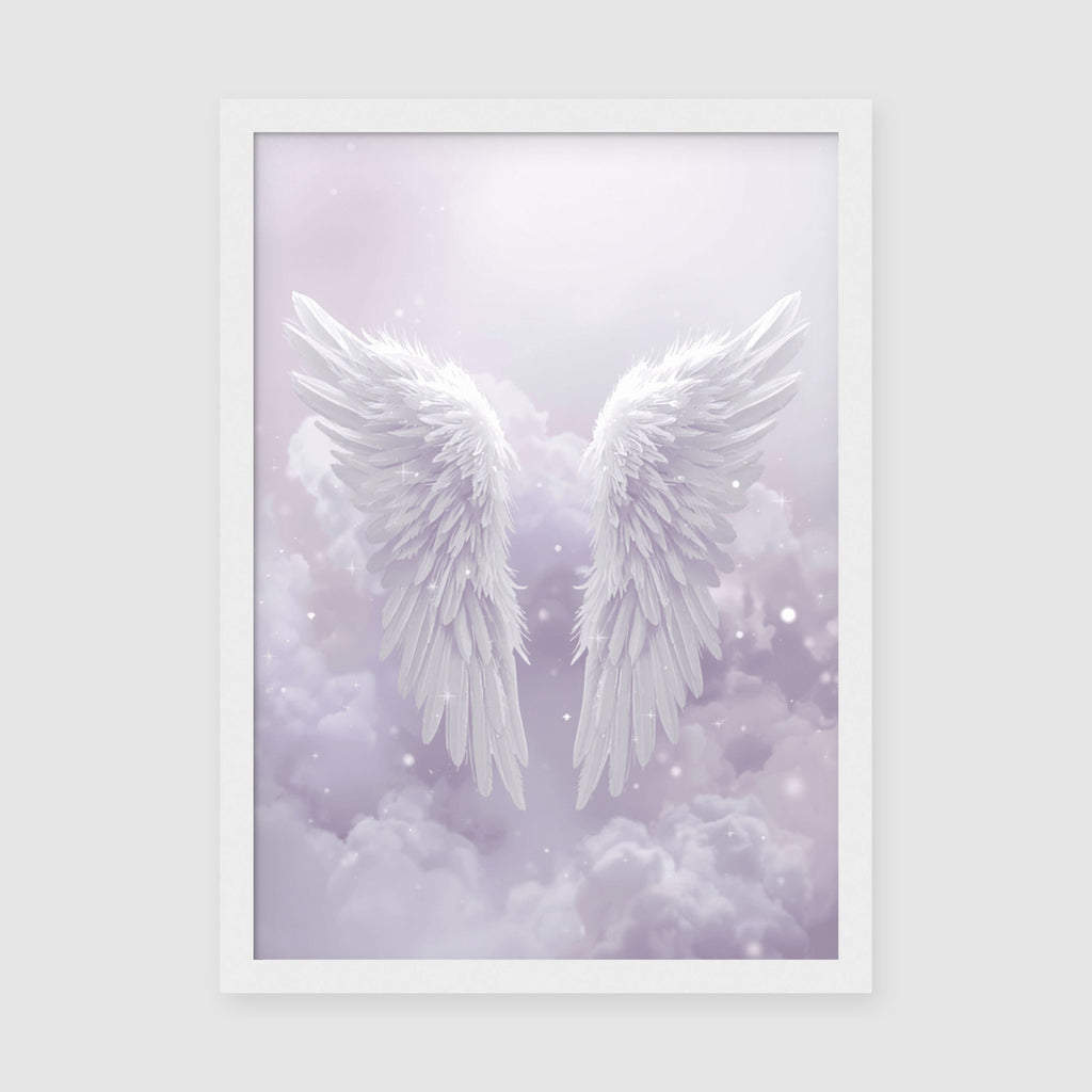 Framed Poster A4 Classic White Frame - Ethereal feathered wings floating gracefully in soft pink and purple misty background