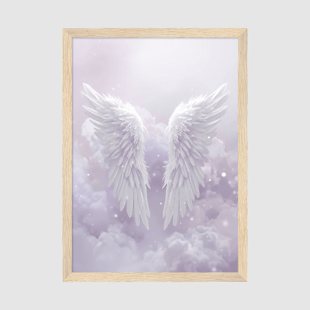 Framed Poster A3 Classic Wood Frame - Detailed angel wings artwork showing fine feather texture with heavenly cloud and sparkle effects