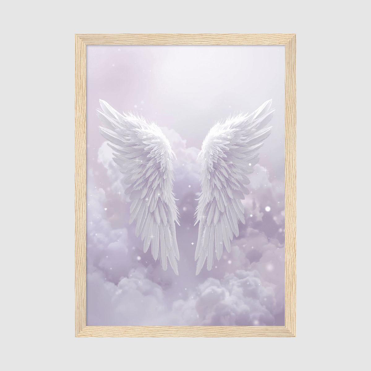Framed Poster A3 Classic Wood Frame - Detailed angel wings artwork showing fine feather texture with heavenly cloud and sparkle effects