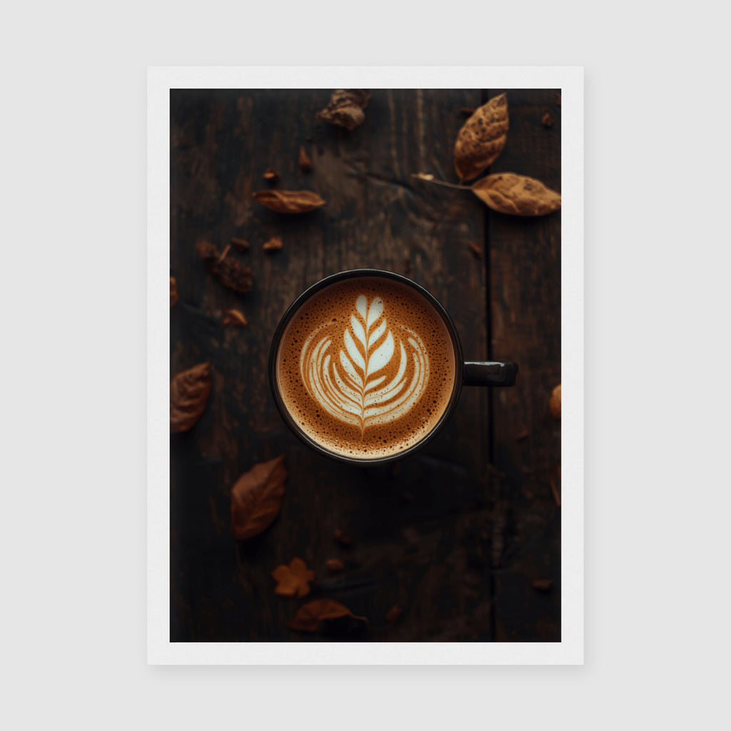 Framed Poster A3 White Frame - Close-up of cappuccino with intricate white latte art design on rustic dark wood background with autumn leaf details
